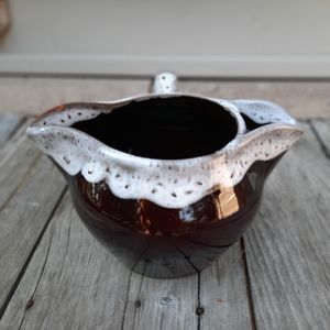 Vtg gravy boat brown drip glaze red pottery